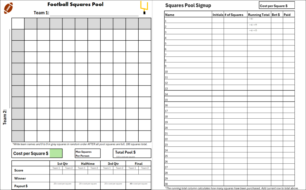 Printable version of football squares pool