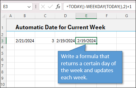 Write a formula that returns a certain day of the week and updates each week.
