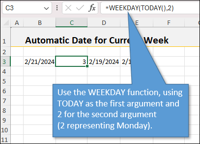 Use the WEEKDAY function, using TODAY as the first argument and 2 for the second argument
(2 representing Monday).
