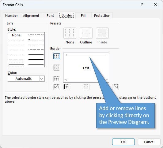 Preview diagram allows you to toggle border lines on or off. 