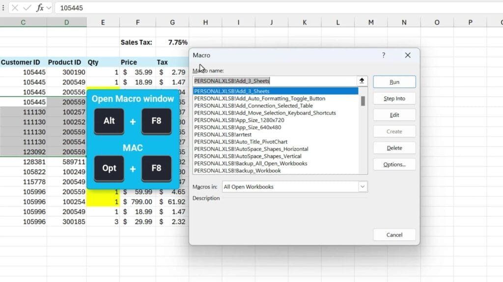 Macro window in Excel