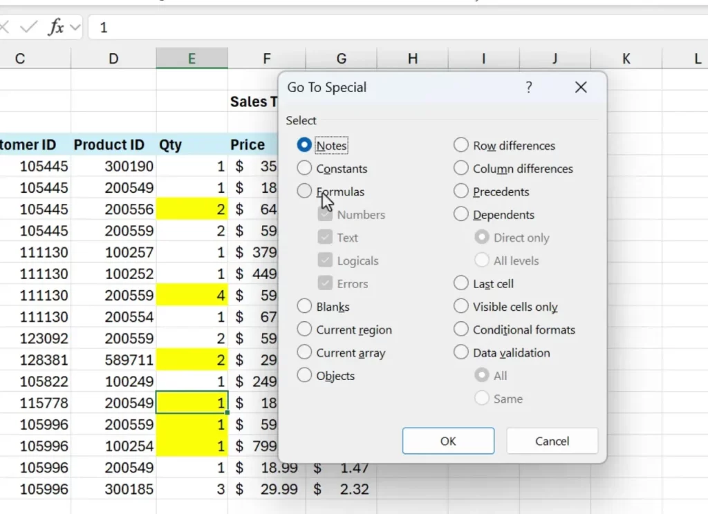Go To Special dialog box in Excel