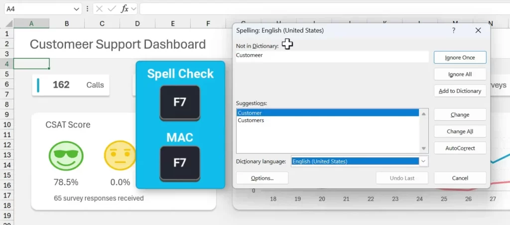 Spell check window in Excel
