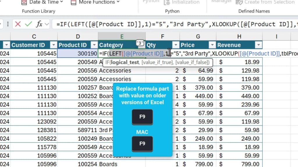 Evaluating formula parts with F9