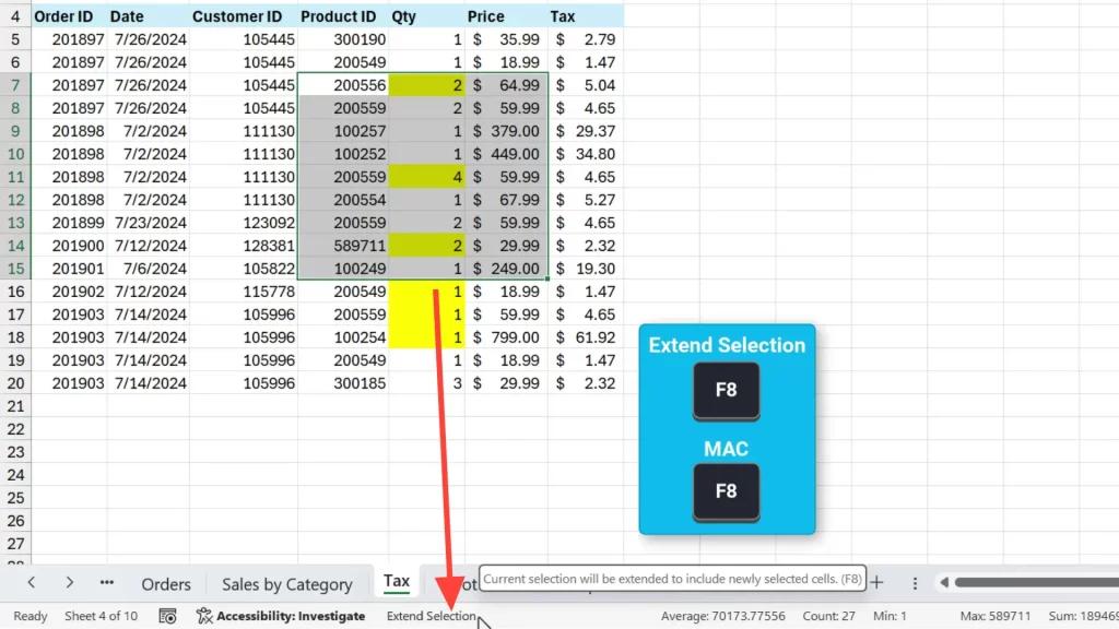 Extend selection status bar in Excel