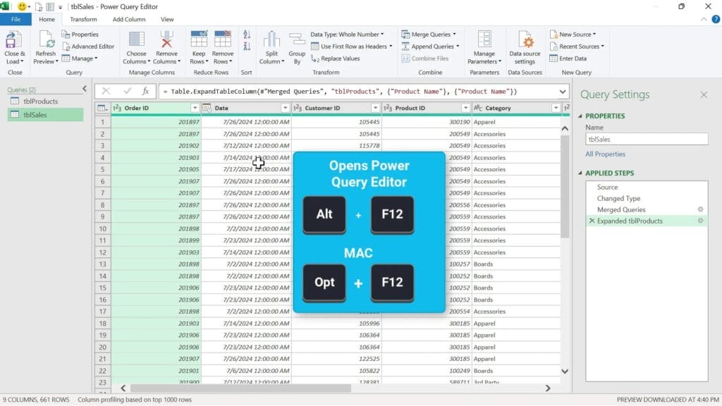 Open Power Query Editor in Excel with Alt F12