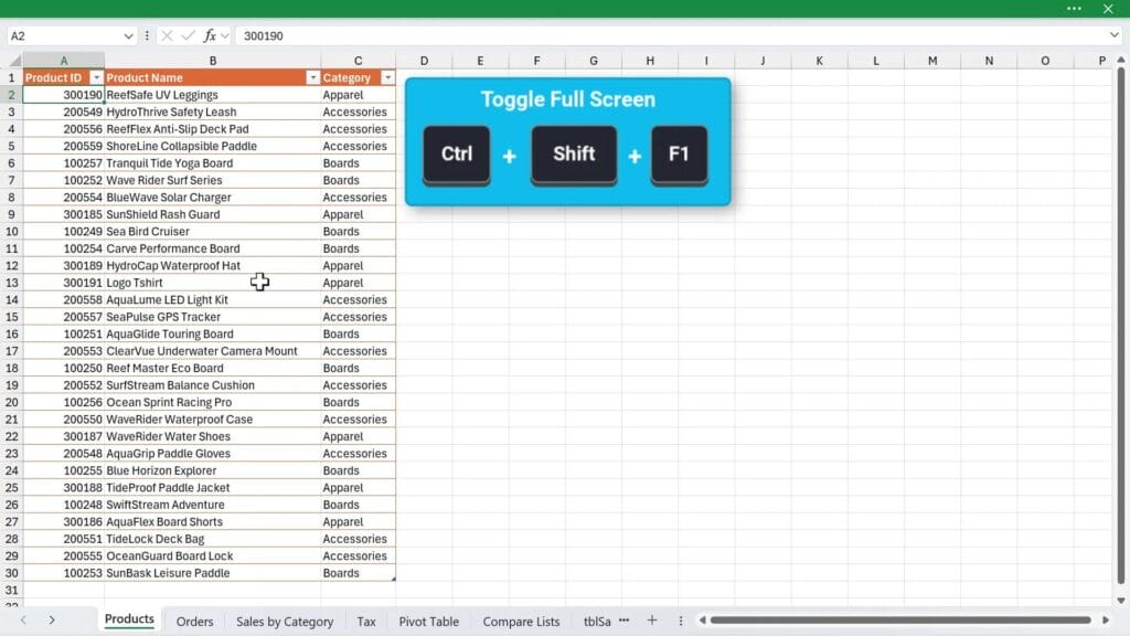 Excel full screen mode with ribbon and title bar hidden