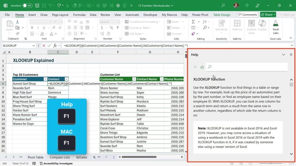 Excel function help menu opened with F1