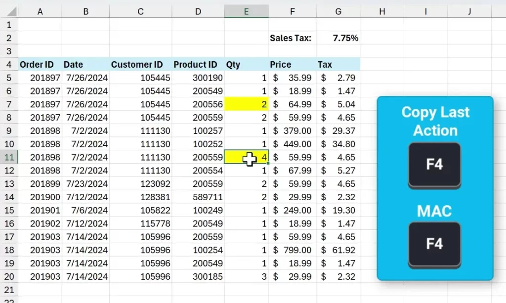 Using F4 to repeat cell fill color action