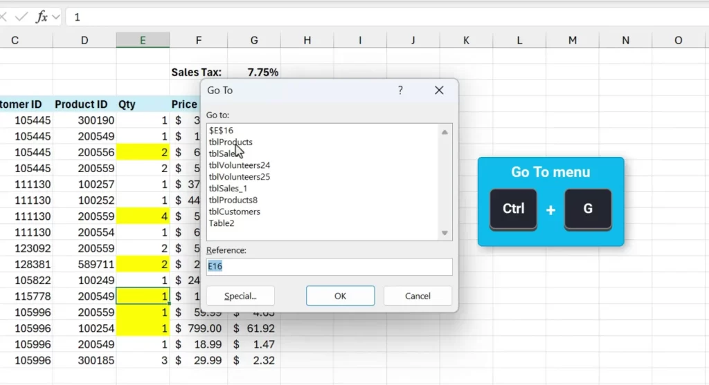Go To dialog box in Excel