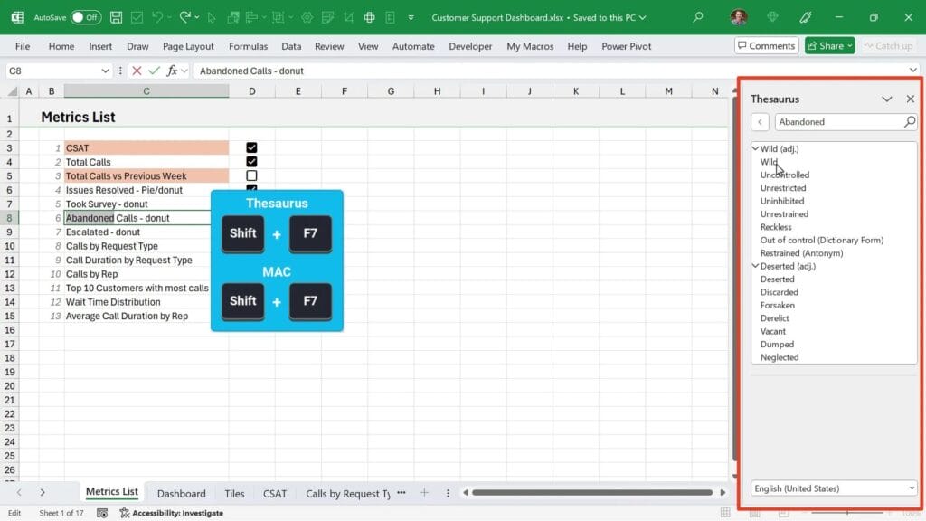 Thesaurus in Excel Shift+F7
