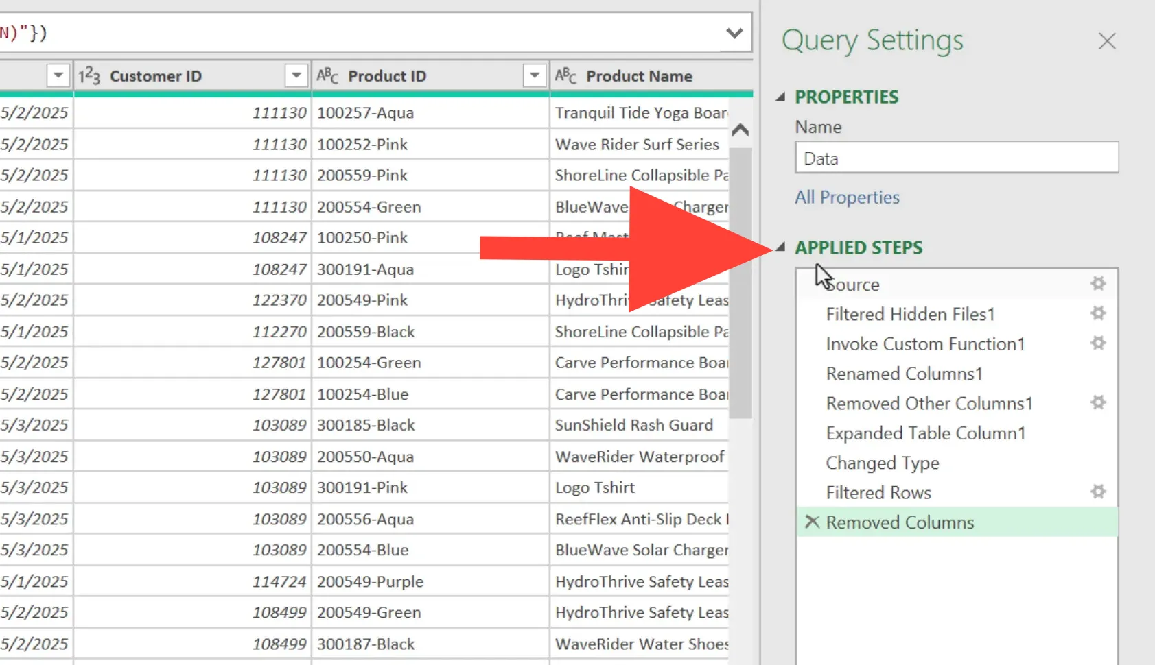 Applied Steps pane showing recorded transformations in Power Query