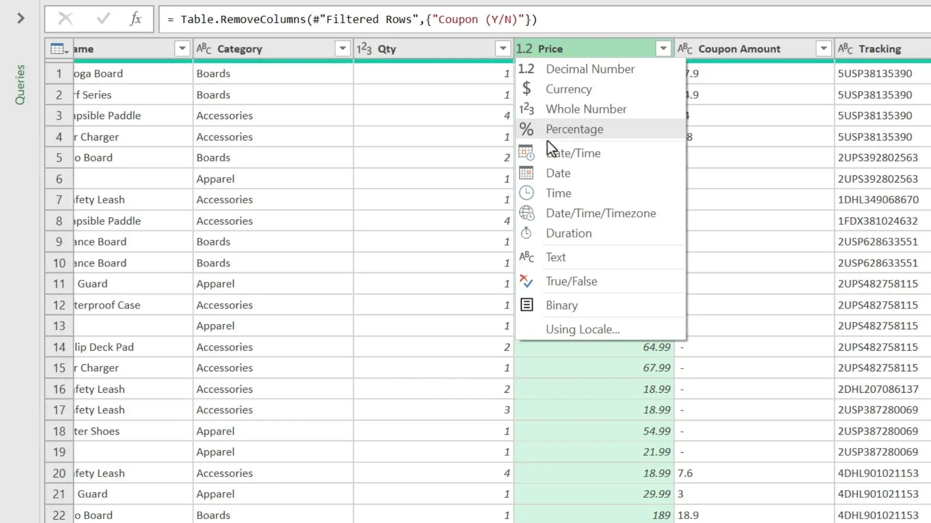 Changing data types and replacing values in Power Query Editor
