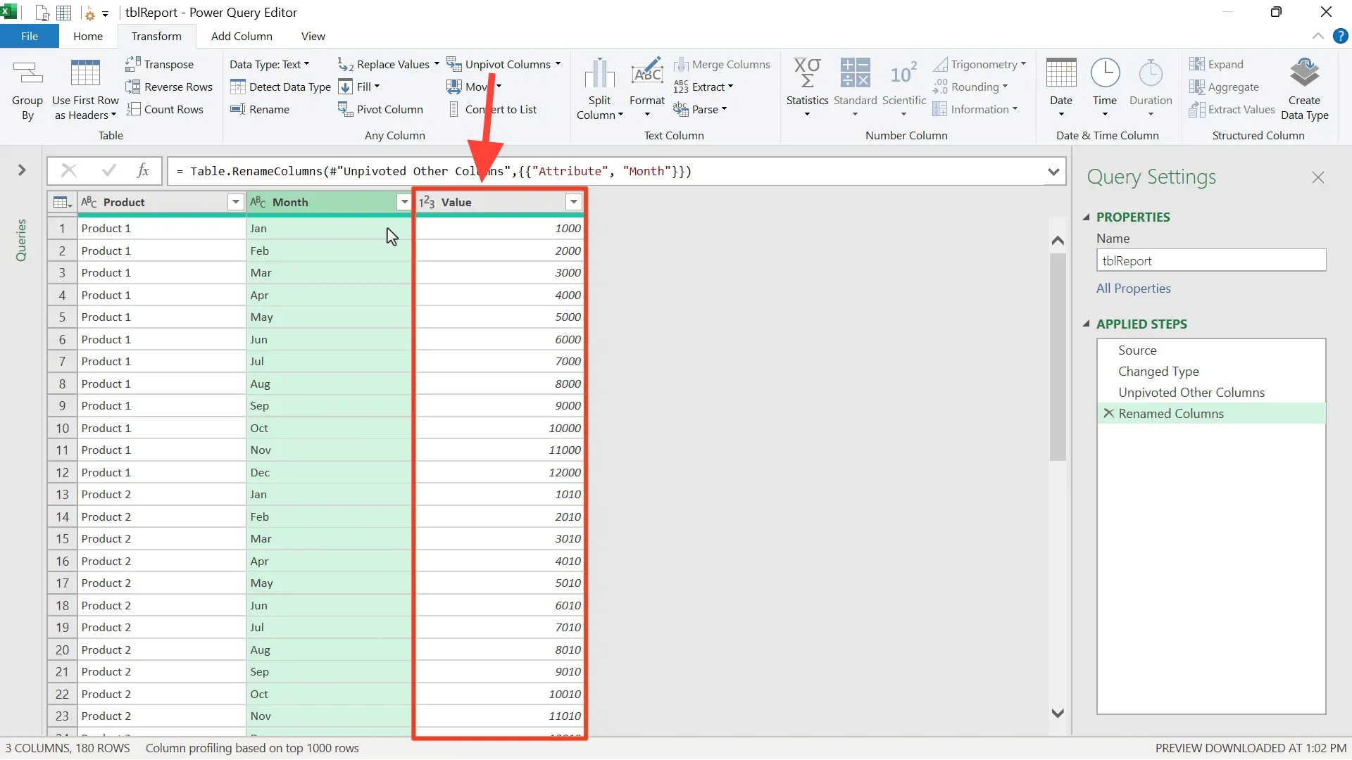 Using Unpivot Other Columns feature in Power Query Editor