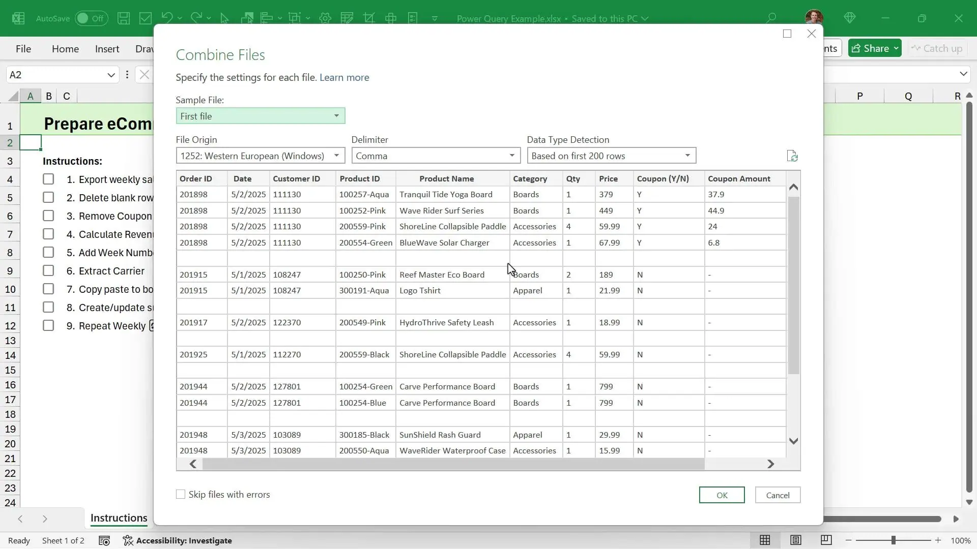 Power Query combine files from folder preview window