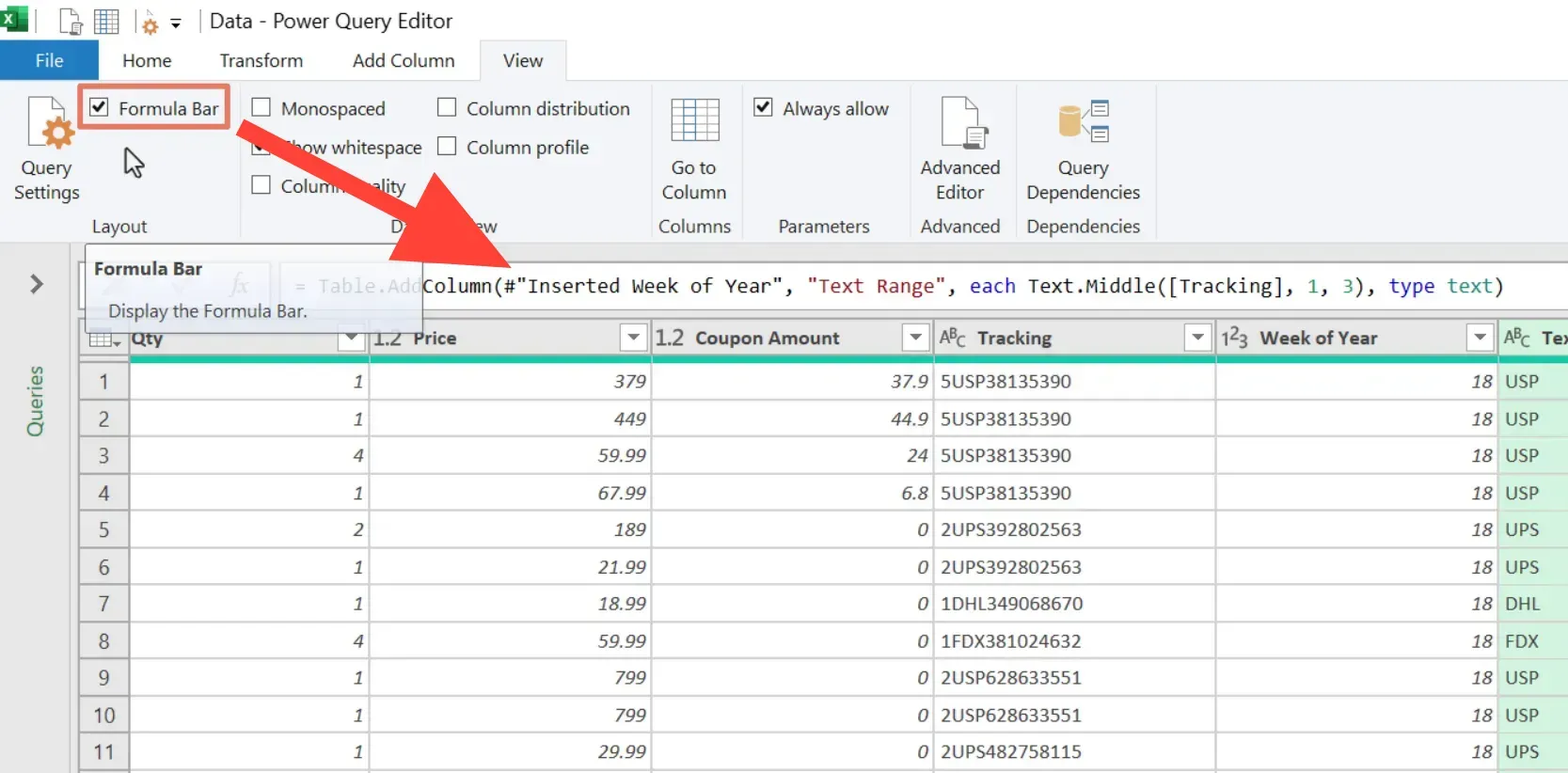Power Query formula bar showing M code for applied steps