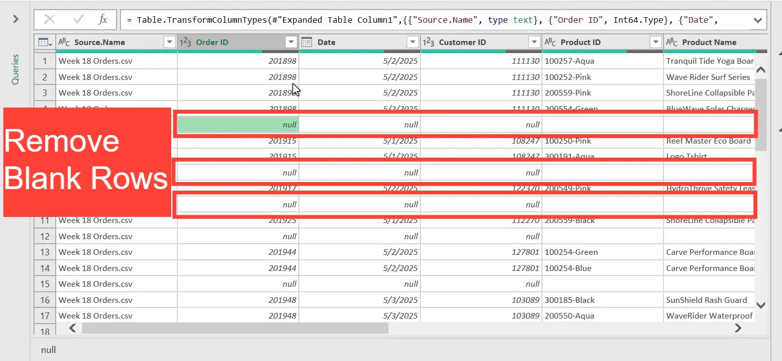 Filtering out null values and removing columns in Power Query Editor