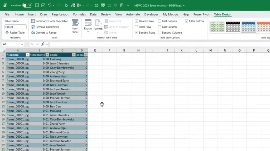 Raw Score Data from Video Extract