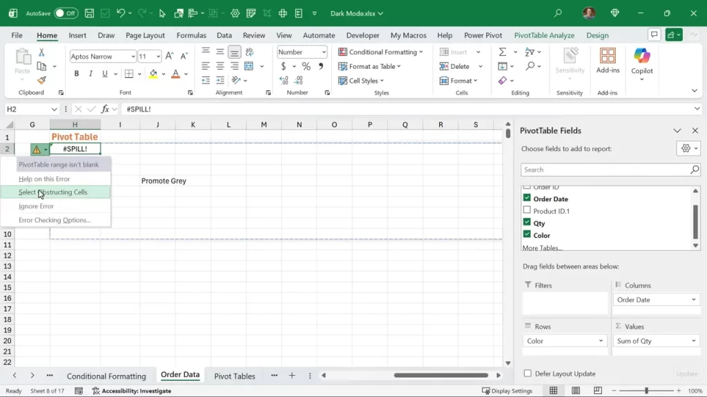 Excel error menu with the option 'Select Obstructing Cells' highlighted next to a #SPILL! error for pivot tables.