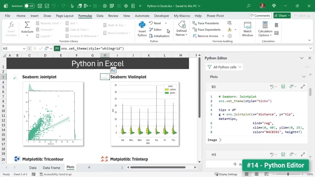 Excel window with Python Editor task pane showing Python code and charts