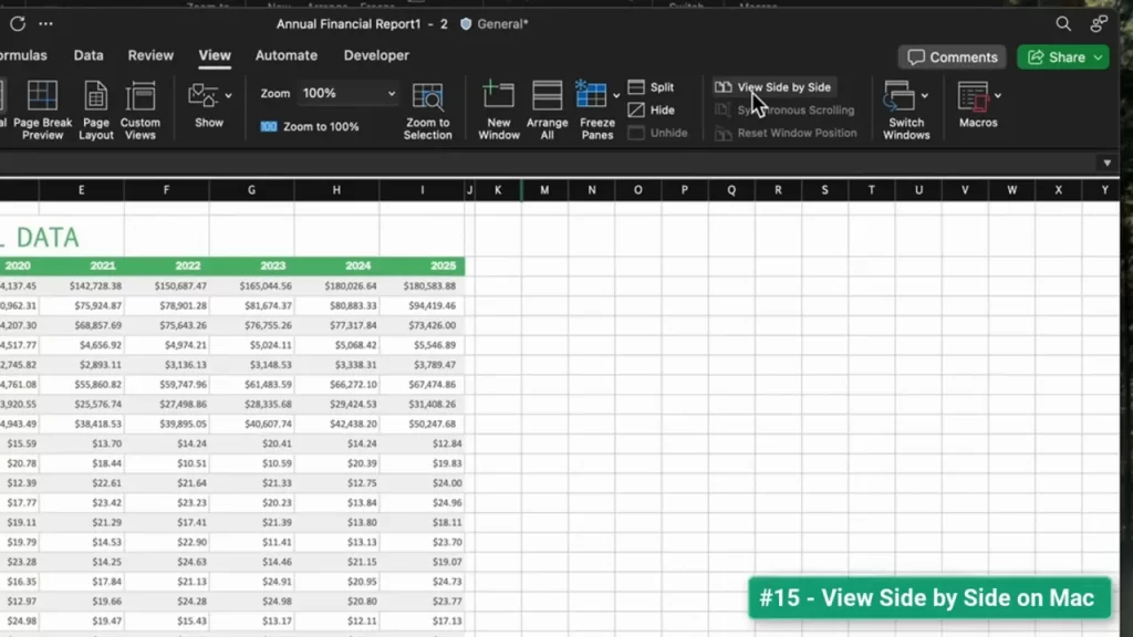 Excel for Mac ribbon with the View tab and the 'View Side by Side' button highlighted, workbook grid visible.