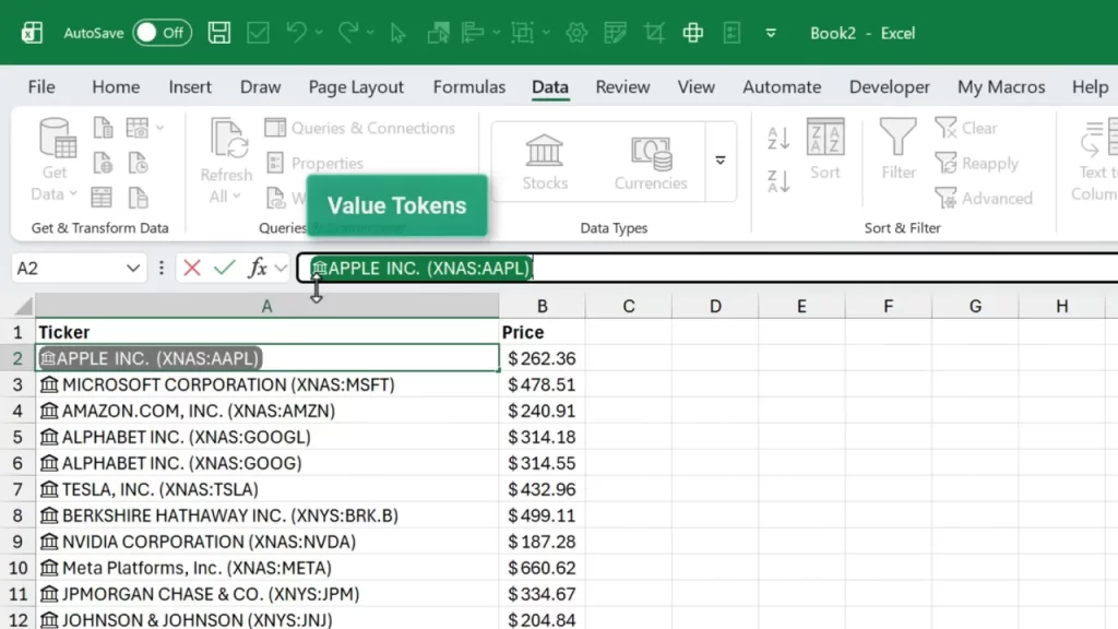 Excel screenshot with a 'Value Tokens' popover above the formula bar pointing to the selected cell 'APPLE INC. (XNAs:AAPL)', showing ticker list and prices.