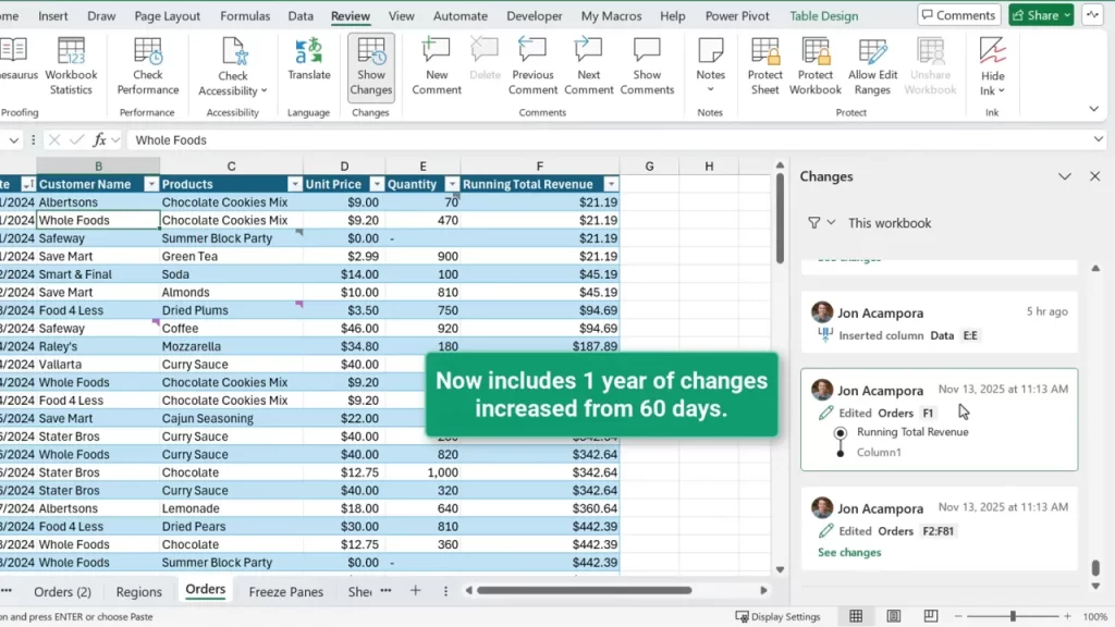 Excel screenshot with a green callout stating the one-year change history and the Changes task pane open showing recent edits alongside a data table.