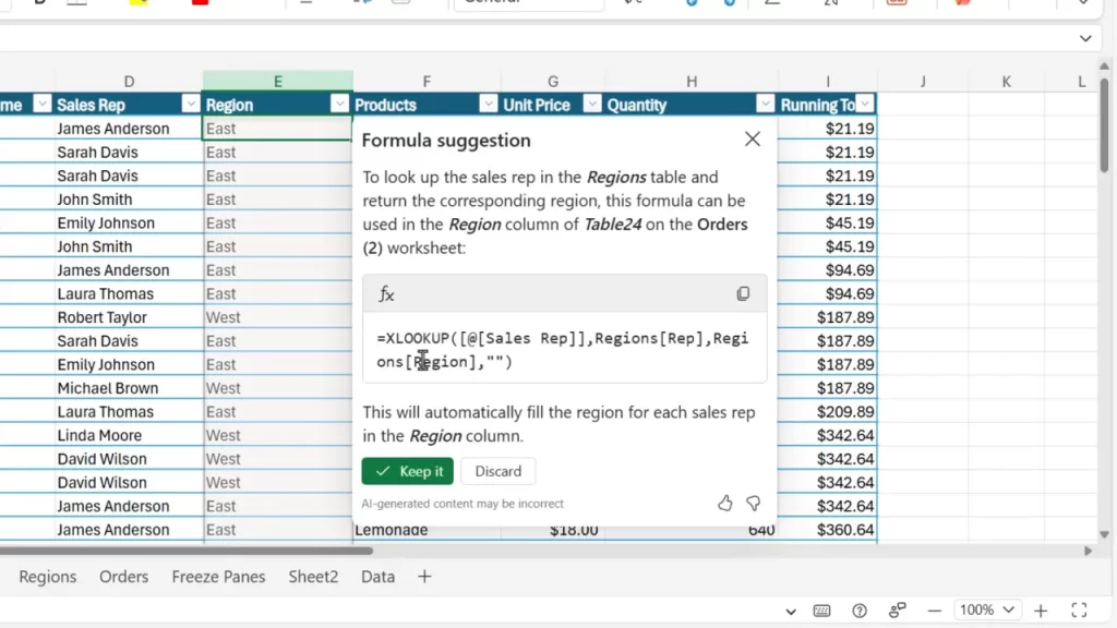 Close-up of Excel showing the 'Formula suggestion' pane from Copilot with an XLOOKUP formula in the box, explanatory text above, and a visible green 'Keep it' button.