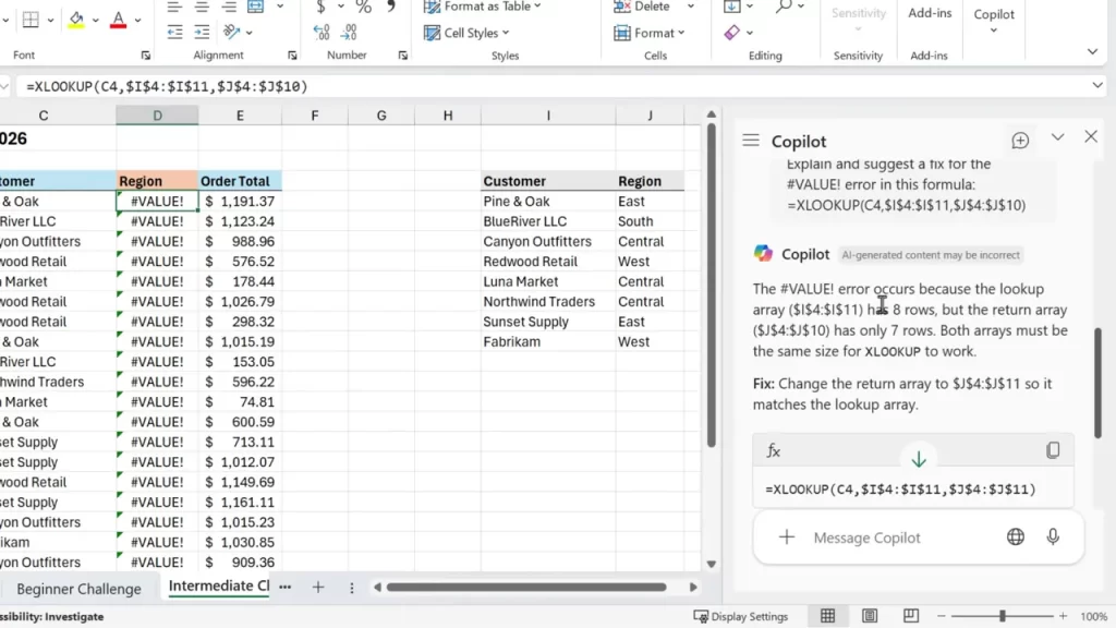 Copilot task pane explaining a #VALUE! error in XLOOKUP and recommending changing the return array to match the lookup array
