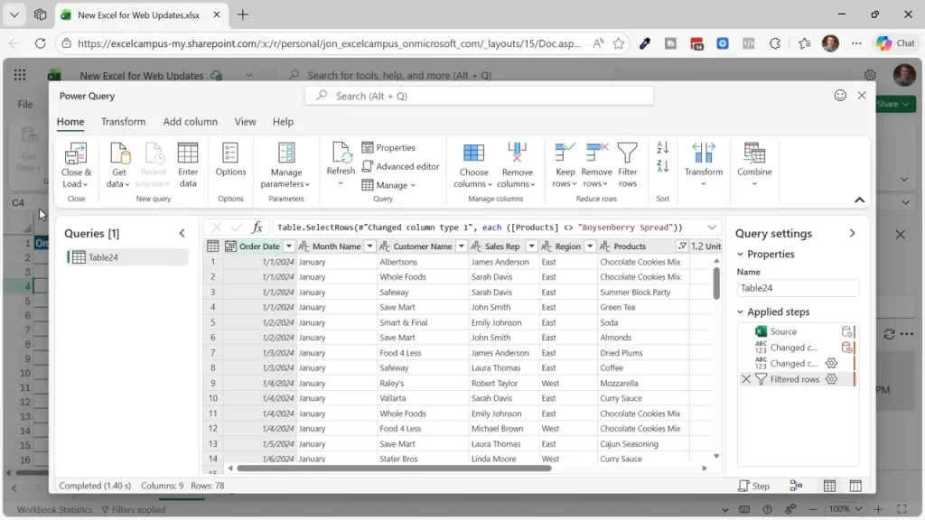 Power Query Editor in Excel for the web with query preview, toolbar, and query settings pane