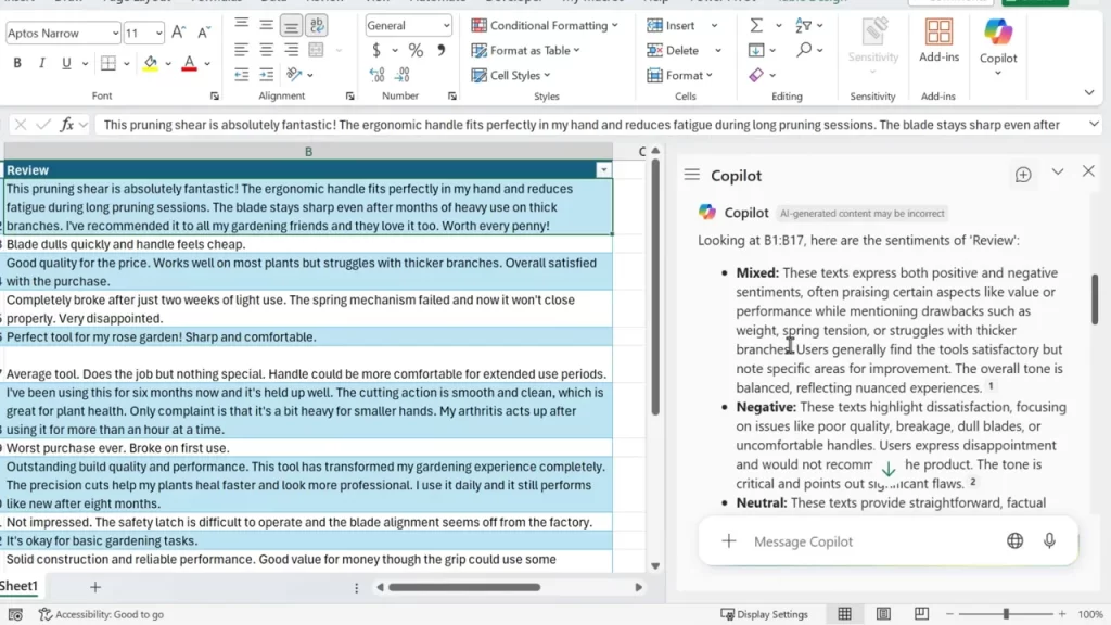 Clear Copilot analysis pane in Excel showing a detailed sentiment breakdown (Mixed, Negative, Neutral, Positive) for the Review column alongside the selected review cells.