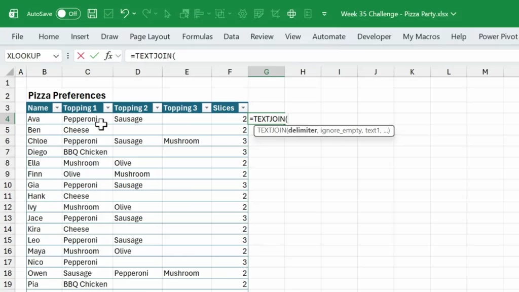 Excel screenshot showing the formula bar with '=TEXTJOIN(' and the TEXTJOIN argument tooltip beside the pizza preferences table