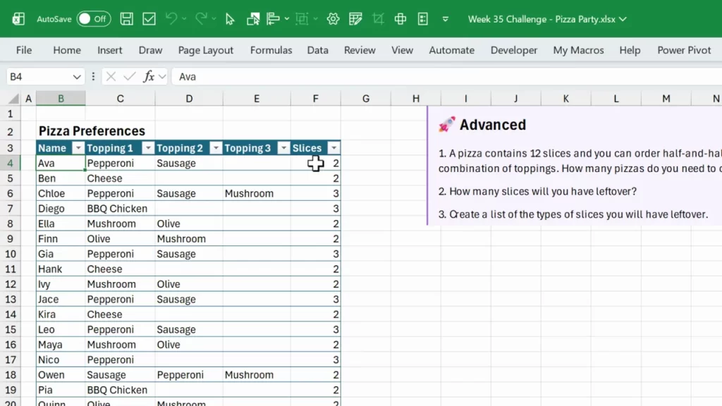 Clear view of an Excel 'Pizza Preferences' table listing guest names, three topping columns, and a Slices column.