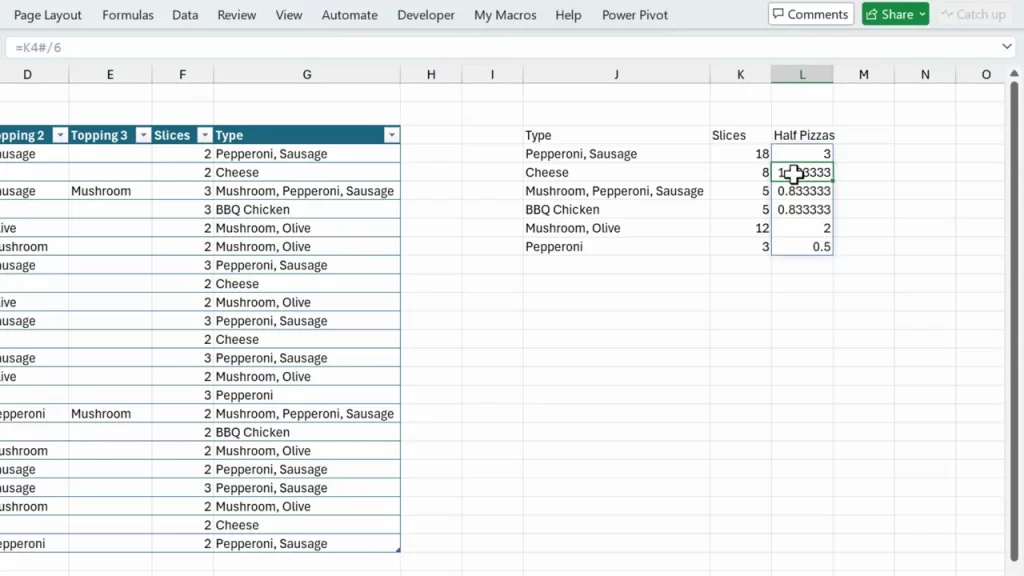 Excel showing formula =K4#/6 in the formula bar and decimal half-pizza values for each pizza type.