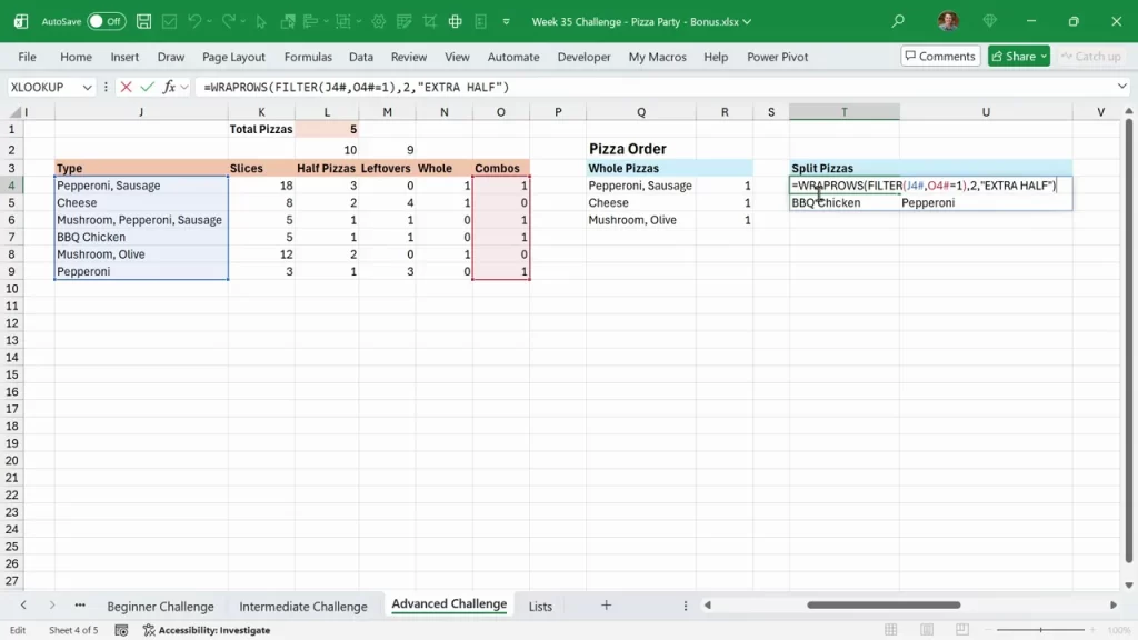 Formula bar showing WRAPROWS(FILTER(…)) creating split pizza pairings in Excel