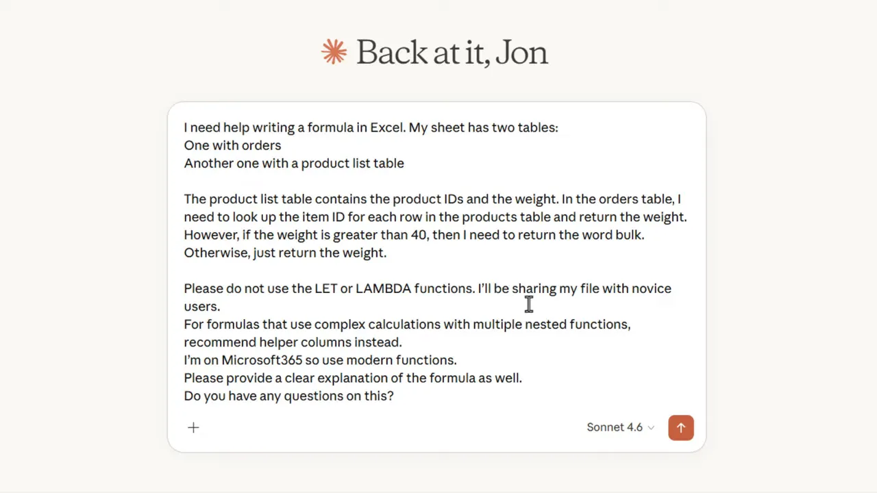 tight screenshot of an AI prompt stating 'Please do not use the LET or LAMBDA functions'