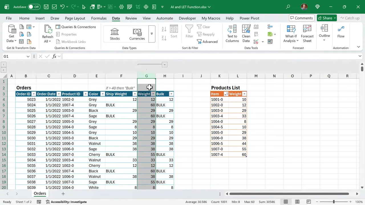 Excel worksheet showing outline collapse control and Orders and Products tables with the Weight and Bulk columns.