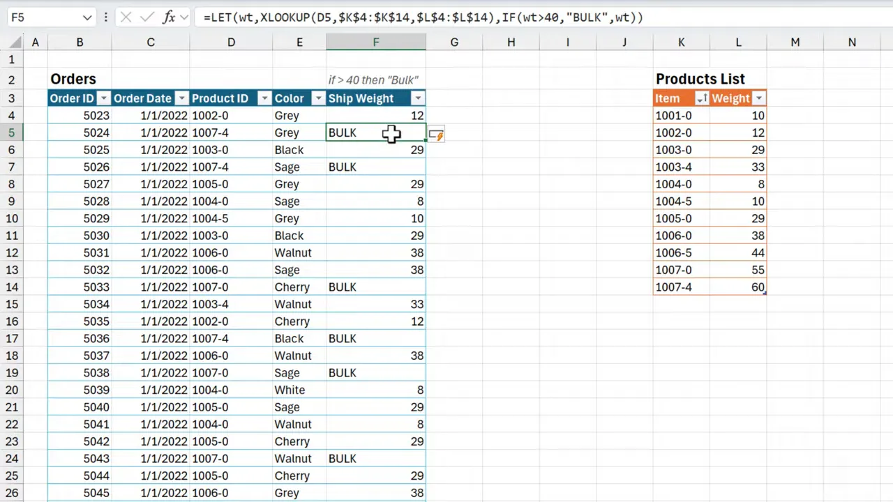 Excel sheet showing Ship Weight column with numeric weights and 'BULK' results and the LET formula in the formula bar.