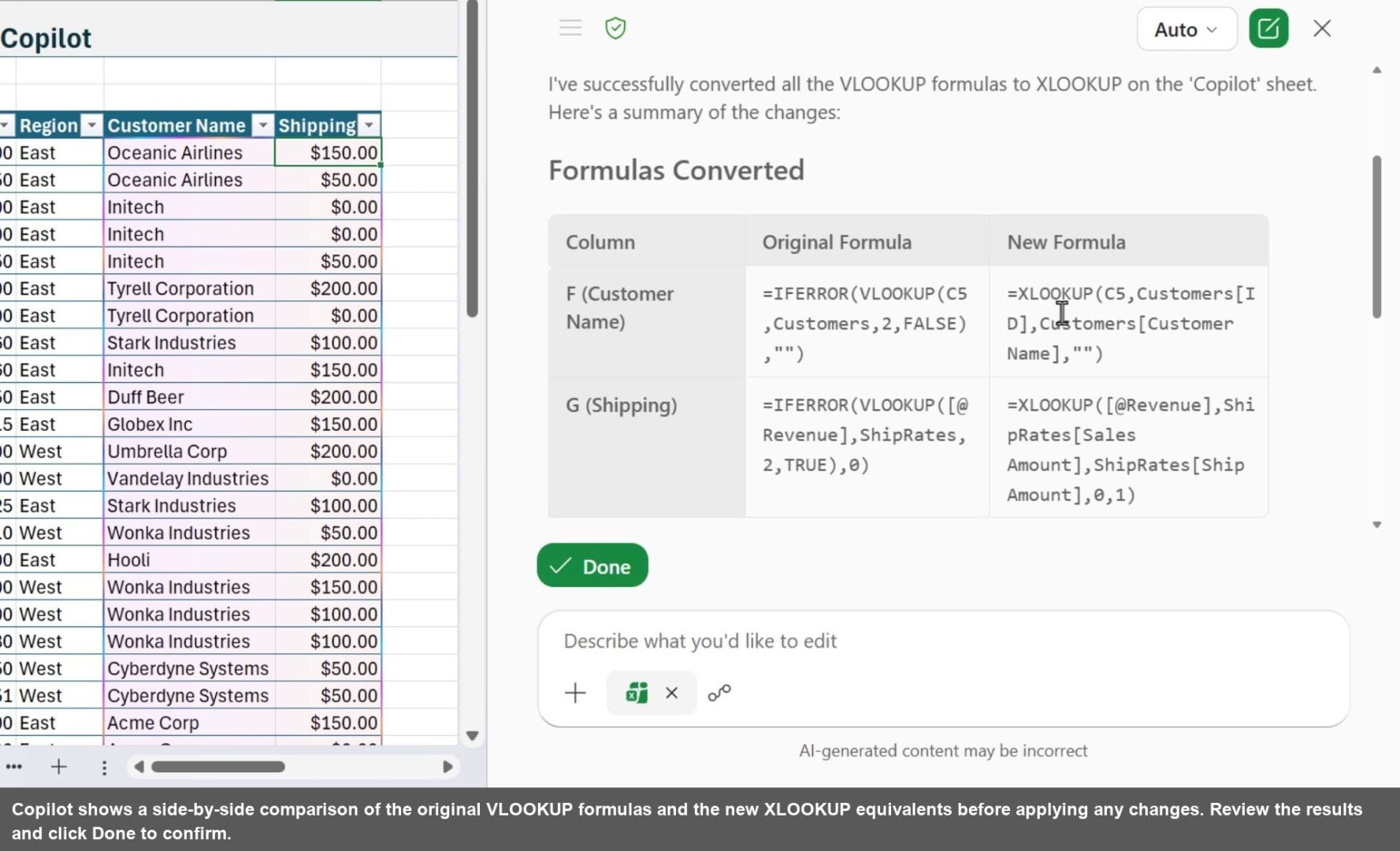 Copilot shows a side-by-side comparison of the original VLOOKUP formulas and the new XLOOKUP equivalents before applying any changes. Review the results and click Done to confirm.