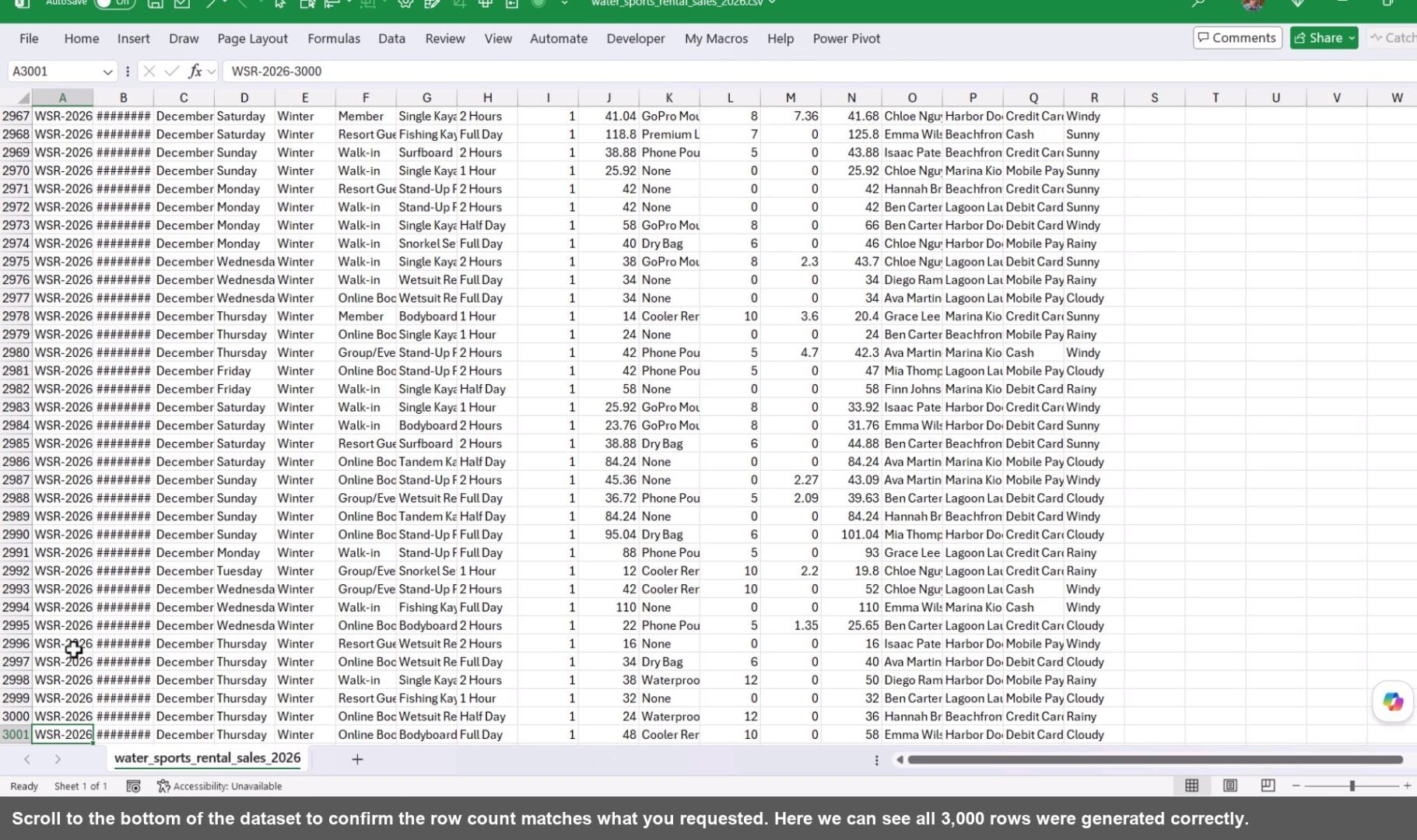 Scroll to the bottom of the dataset to confirm the row count matches what you requested. Here we can see all 3,000 rows were generated correctly.