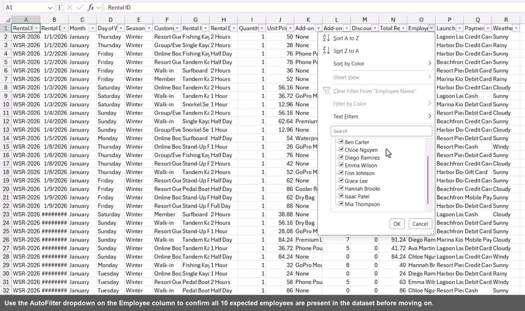 Use the AutoFilter dropdown on the Employee column to confirm all 10 expected employees are present in the dataset before moving on.