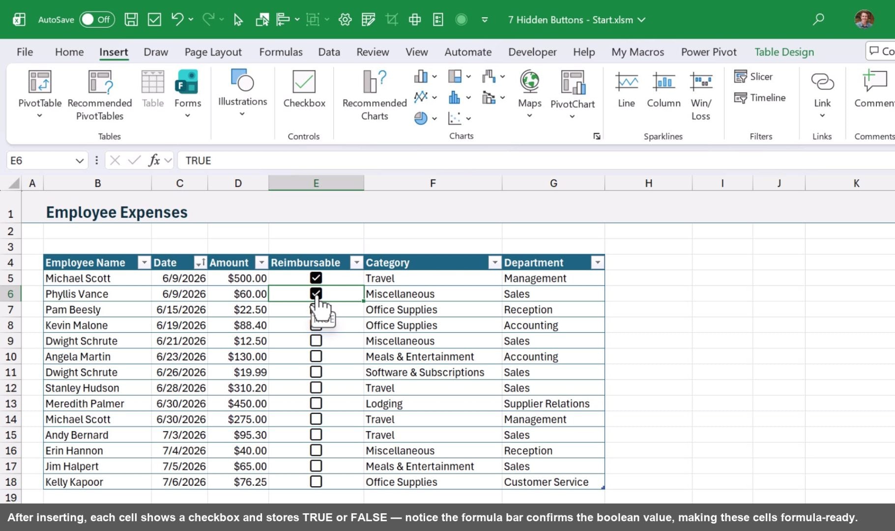 After inserting, each cell shows a checkbox and stores TRUE or FALSE — notice the formula bar confirms the boolean value, making these cells formula-ready.