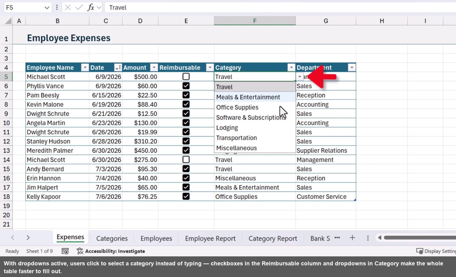 With dropdowns active, users click to select a category instead of typing — checkboxes in the Reimbursable column and dropdowns in Category make the whole table faster to fill out.