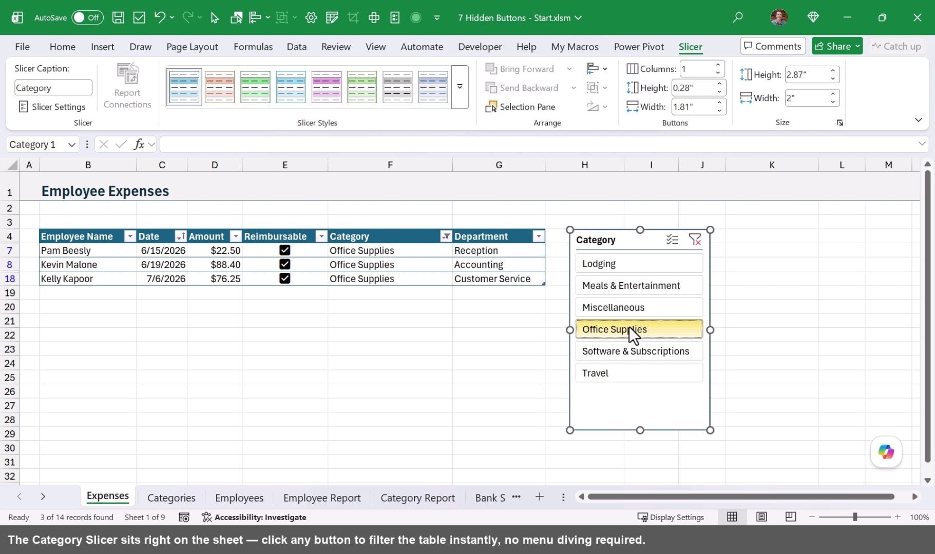 The Category Slicer sits right on the sheet — click any button to filter the table instantly, no menu diving required.