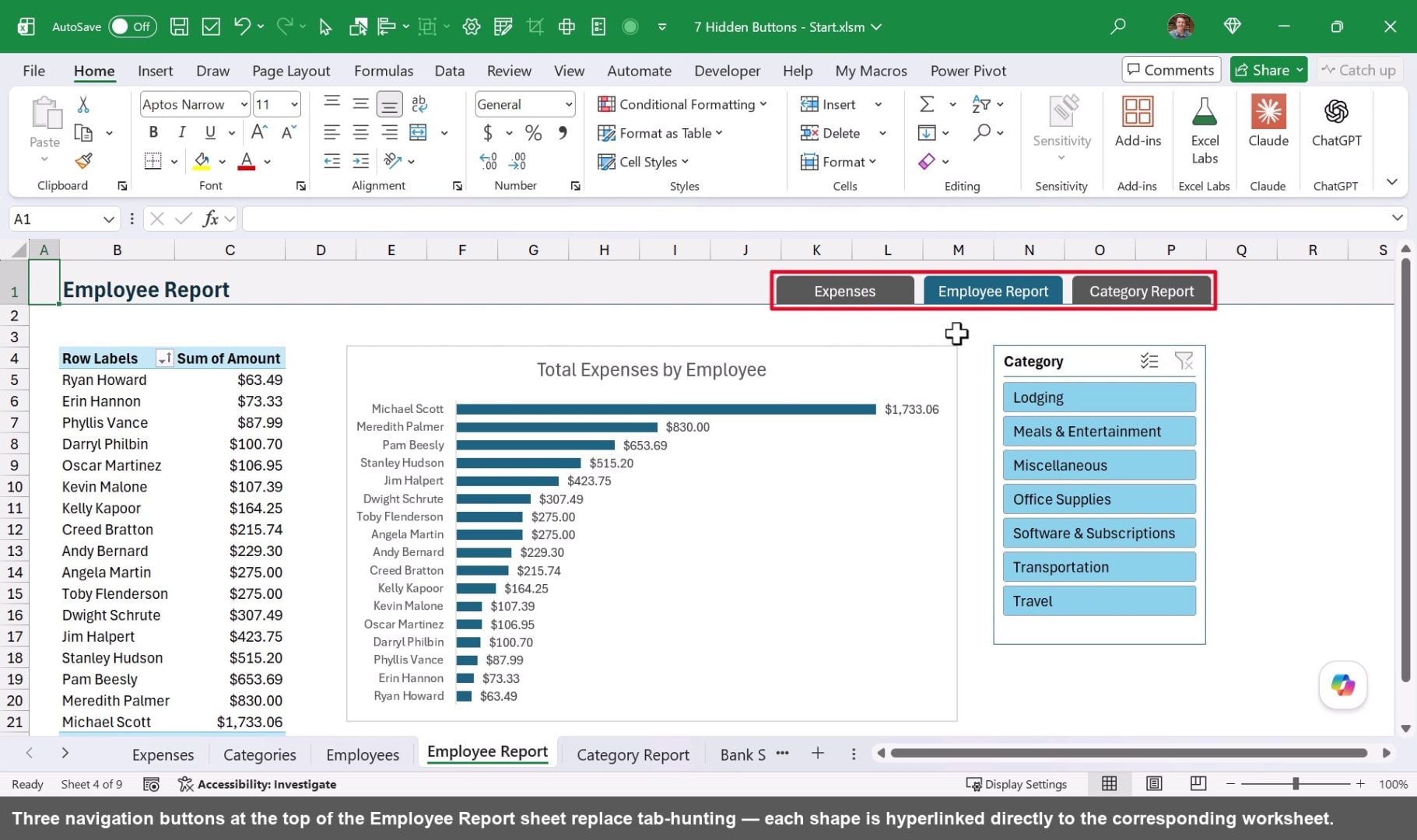 Three navigation buttons at the top of the Employee Report sheet replace tab-hunting — each shape is hyperlinked directly to the corresponding worksheet.