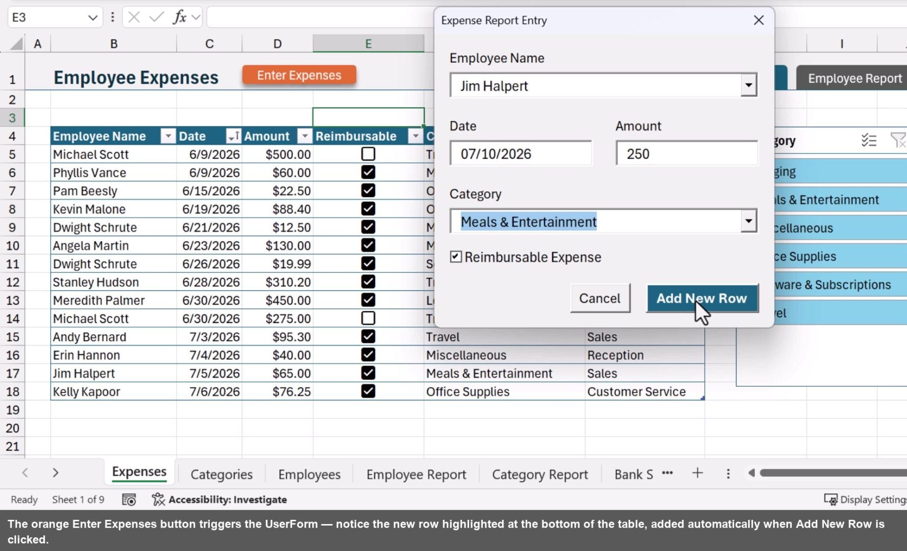 The orange Enter Expenses button triggers the UserForm — notice the new row highlighted at the bottom of the table, added automatically when Add New Row is clicked.