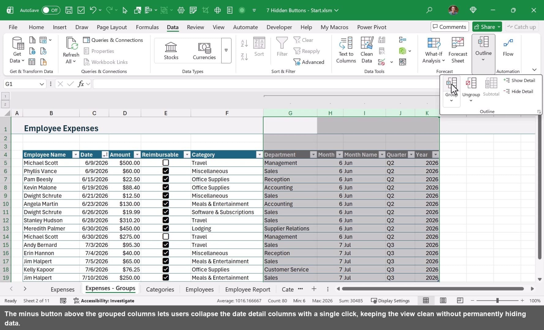 The minus button above the grouped columns lets users collapse the date detail columns with a single click, keeping the view clean without permanently hiding data.