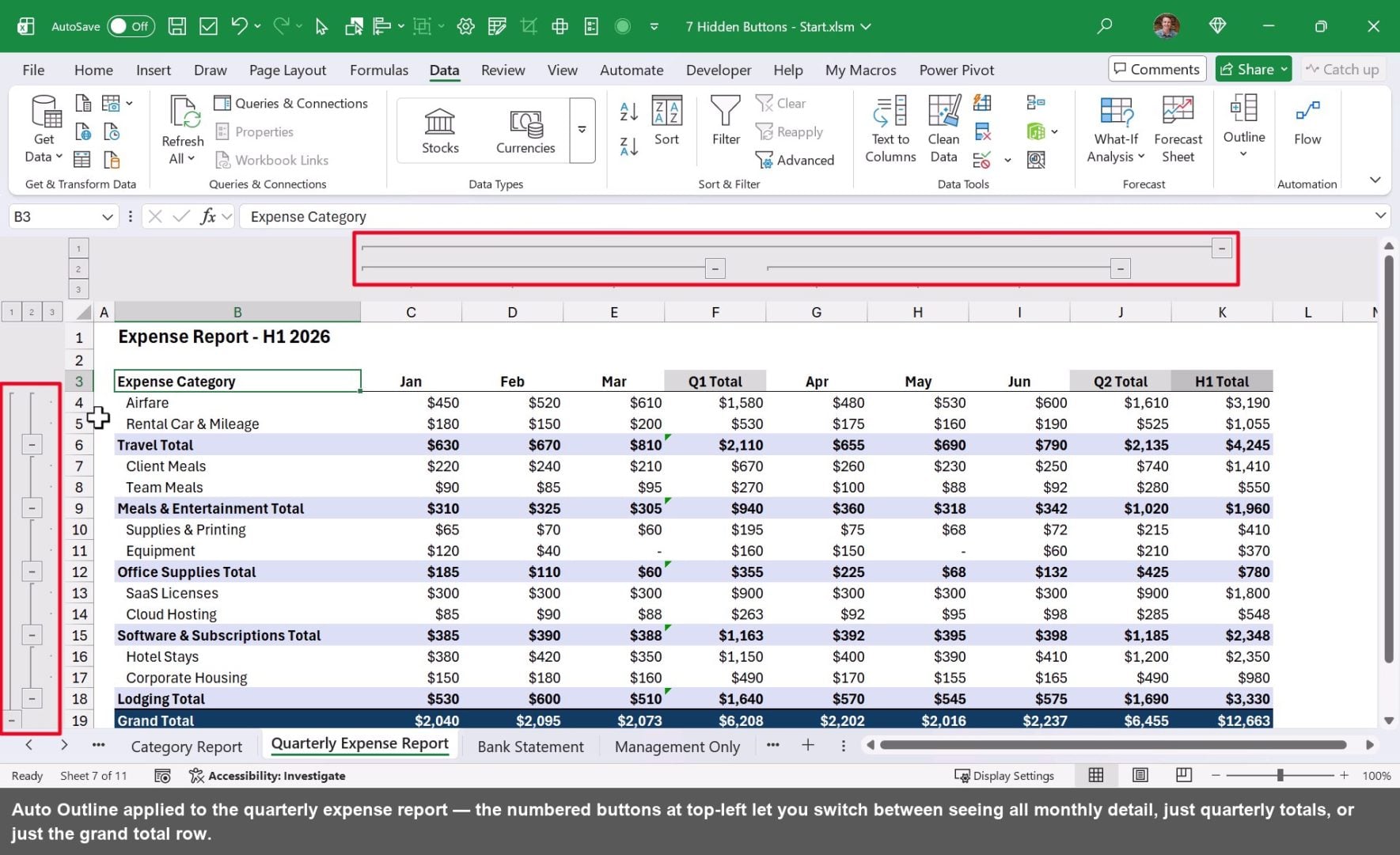 Auto Outline applied to the quarterly expense report — the numbered buttons at top-left let you switch between seeing all monthly detail, just quarterly totals, or just the grand total row.