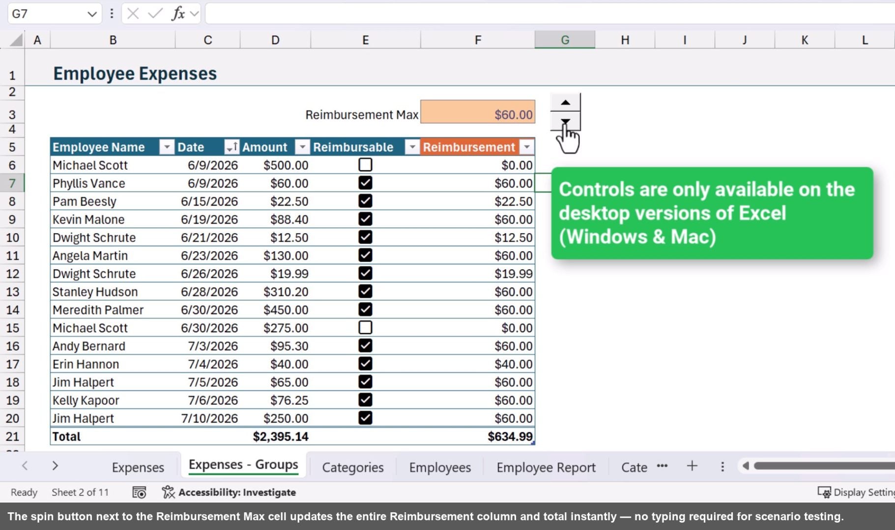 The spin button next to the Reimbursement Max cell updates the entire Reimbursement column and total instantly — no typing required for scenario testing.