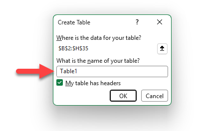 Excel Create Table Window with Name Box